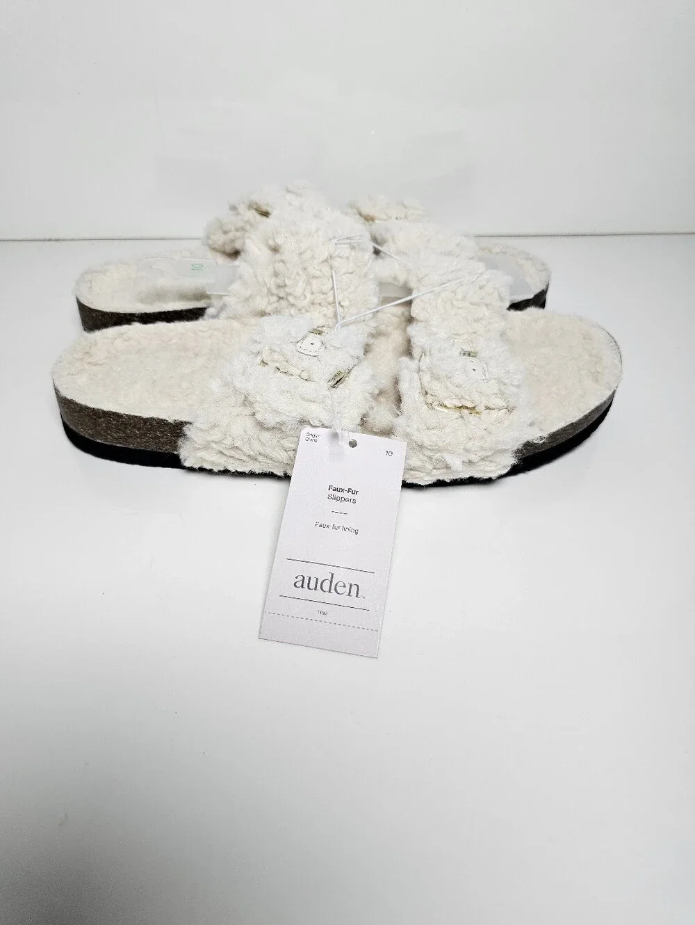 Auden Faux Fur Double Strap Buckle Slippers - Cream - Women's Size 10 - NWT